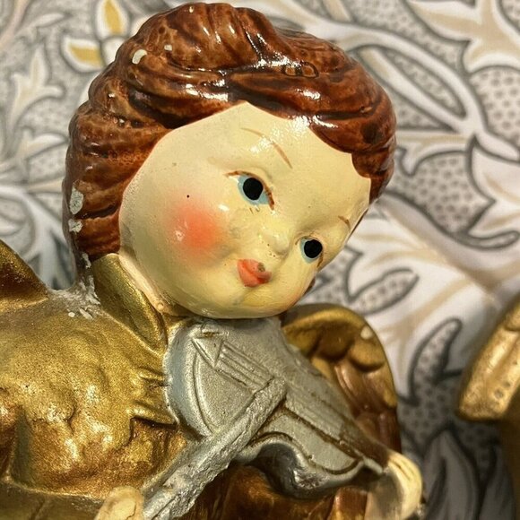 2 Vintage Christmas Angels  9"  Figurines Taiwan Gold Gowns Musical Instruments - Picture 5 of 14